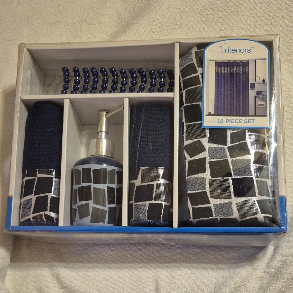 Interiors Black, Blue and Gray Shower Curtain Set